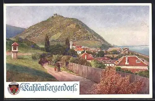 Künstler-AK Rudolf Schmidt: Kahlenbergerdorf, Ortsansicht, Deutscher Schulverein