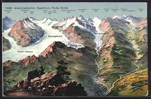 Künstler-AK Eggishorn, Aletschgletscher, Furka Route mit Hotel Jungfrau, Eiger, Mönch und Furkapass