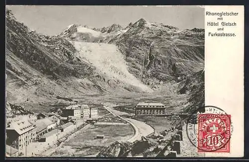 AK Rhonegletscher mit Hotel Gletsch u. Furkastrasse