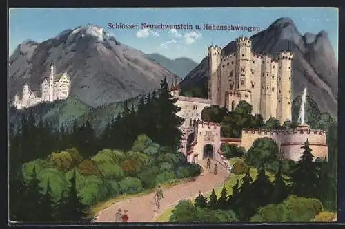 Künstler-AK Hohenschwangau, Schlösser Neuschwanstein und Hohenschwangau