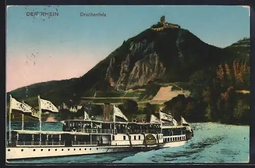 AK Königswinter /Rhein, Ruine Drachenfels mit Dampfer