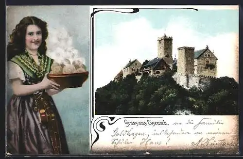 AK Eisenach, Blick zur Wartburg, Frau mit einer Schüssel Knödel