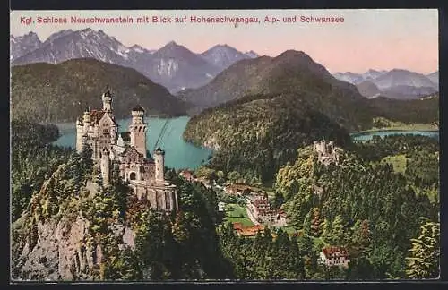 AK Hohenschwangau, Königliches Schloss Neuschwanstein mit Blick auf den Ort, Alp- und Schwansee