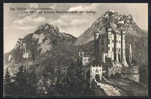 Künstler-AK Hohenschwangau, Königliches Schloss Hohenschwangau mit Blick auf Schloss Neuschwanstein mit Säuling