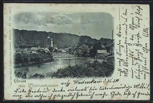 AK Wolfratshausen, Uferpartie mit Kirche