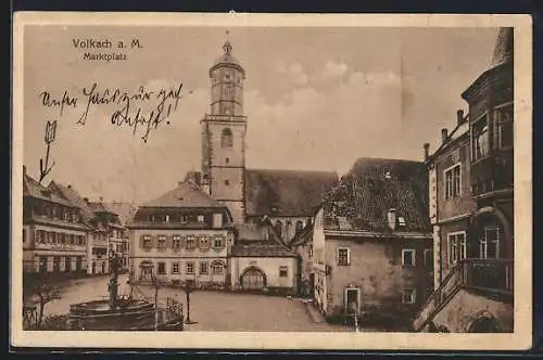 AK Volkach a. M., Marktplatz mit Kirche und Brunnen