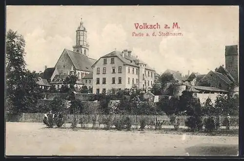 AK Volkach a. M., Partie an der Stadtmauer mit Kirche