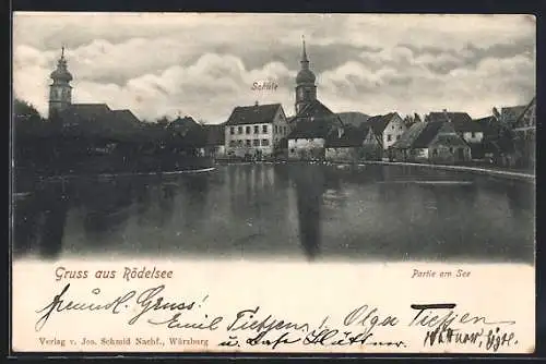 AK Rödelsee, Uferpartie mit Kirche