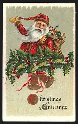 AK Weihnachtsmann mit Geschenken, Weihnachtsgruss