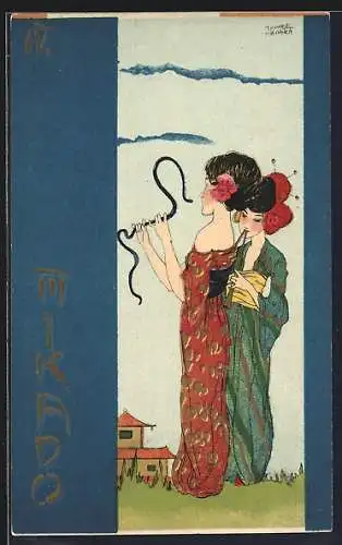 Künstler-AK Raphael Kirchner: Zwei junge japanische Frauen in traditionellen Gewändern mit Instrumenten, Mikado