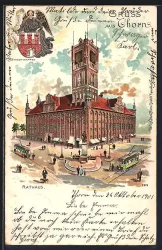 Lithographie Thorn, Das Rathaus mit Strassenbahnen, Stadtwappen