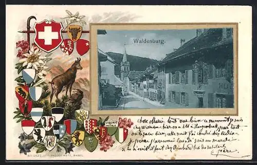 AK Waldenburg, Strassenpartie am Gasthof zum Löwen, Kantons-Wappen im Passepartout