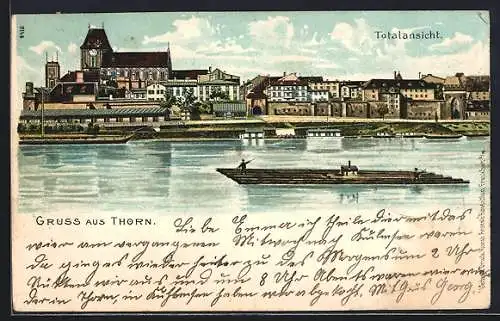 Lithographie Thorn / Torun, Blick über die Weichsel auf die Stadt