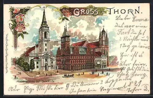 Lithographie Thorn / Torun, Altstädt. ev. Kirche mit Post und Marienkirche, Pferdekutsche