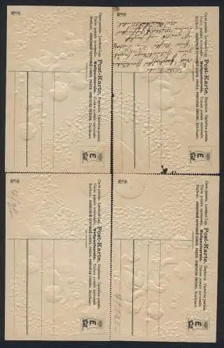 Puzzle-AK Kleine Engel rahmen Herz aus Vergissmeinnicht und vom Pfeil getroffenes rotes Herz, 4 Karten