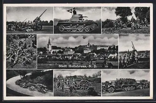 AK Hollabrunn, Panorama, Soldaten mit Panzer und Artillerie