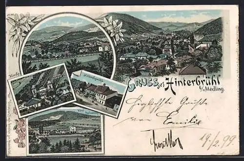 Lithographie Hinterbrühl b. Mödling, Hotel Paulinenhof, Kirche, Höldrichsmühle, Ortsansicht