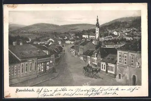 Künstler-AK Ravelsbach, Ortsansicht mit Geschäftshaus Norbert Michl