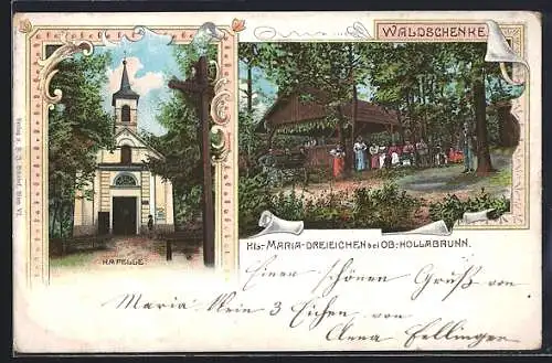 Lithographie Hollabrunn, Kl. Maria-Dreieichen, Gasthaus Waldschenke und Kapelle