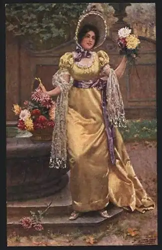 Künstler-AK Dame mit Herbstblumen, Biedermeier