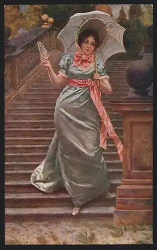 Künstler-AK Dame mit Schirm und Fächer auf einer Treppe, Biedermeier