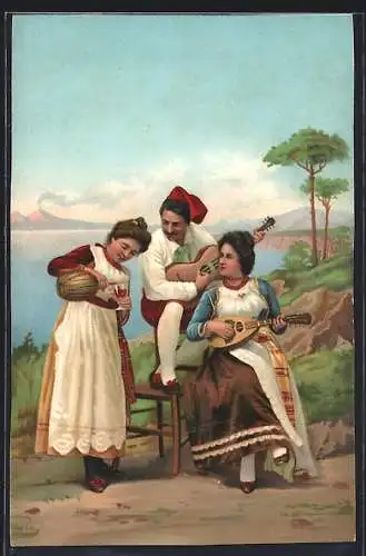Künstler-AK Italiener in Tracht bei Musik und Wein am Seeufer