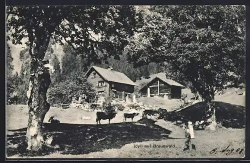 AK Braunwald, Bauernhaus mit Kühen auf der Weide