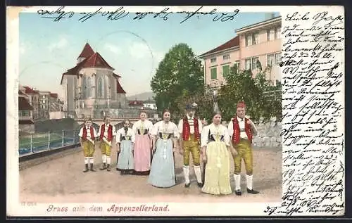 AK Gruss aus dem Appenzellerland, Mädchen und Burschen in Trachten