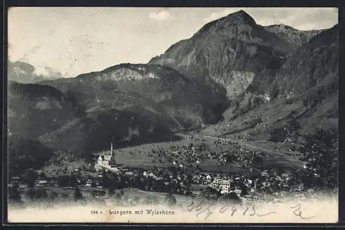 AK Lungern, Ortsansicht mit Wylerhorn, um 1900