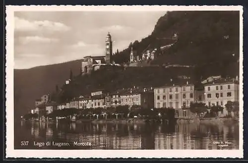 AK Morcote, Ortsansicht mit Hotel vom Lago di Lugano gesehen