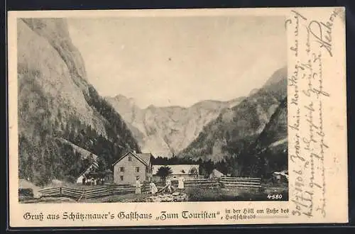 AK Weichselboden /Steiermark, Höll am Hochschwab, Schützenauers Gasthaus zum Touristen mit Bergpanorama