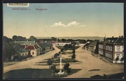 AK Marchegg, Hauptplatz mit Säulendenkmal aus der Vogelschau