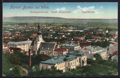 AK Baden b. Wien, Stadtpfarrkirche, Städt. Kuranstalt und Stadttheater