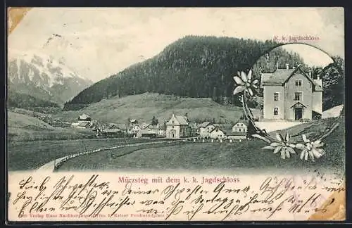 AK Mürzsteg, Ortspartie mit dem k. k. Jagdschloss