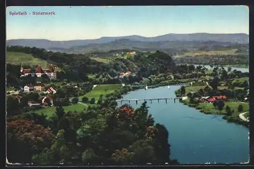 AK Spielfeld /Steiermark, Ortsansicht mit Fluss und Bergpanorama aus der Vogelschau