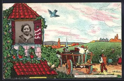 Foto-Collage-AK Mädchen gerahmt von Landschaft während der Weinlese