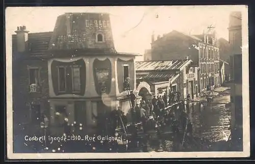 AK Corbeil, Inondations de 1910, Rue Galighani