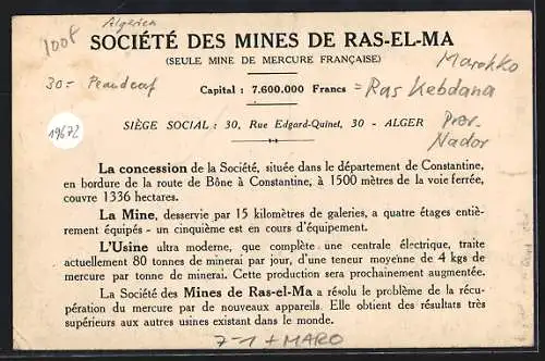 AK Ras-El-Ma, Societe des Mines, Seule Mine de Mercure Francaise