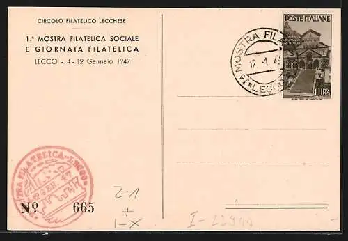 AK Lecco, 1. Mostra Filatelica Sociale e Giornata Filatelica 1947