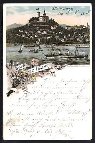 Vorläufer-Lithographie Blankenese, 1895, Schiffe vor dem Süllberg