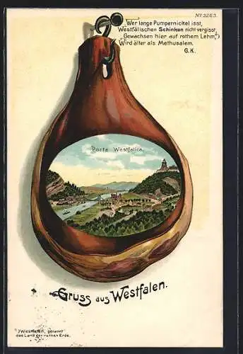 Passepartout-Lithographie Porta Westfalica, Ortsansicht im westfälischen Schinken