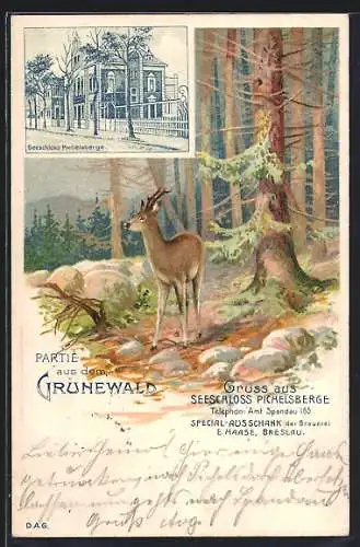 Lithographie Berlin-Grunewald, Gasthaus Seeschloss Pichelsberge, Reh im Grunewald