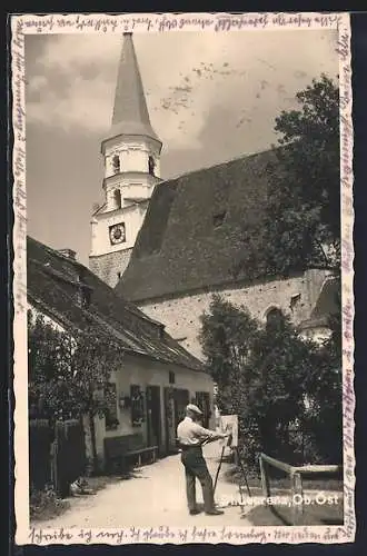 AK St. Laurenz, Maler bei der Arbeit unweit der Kirche