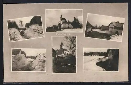 AK Kirchschlag, winterliche Ansichten aus dem Ort, mannshohe Schneewände, Kirche