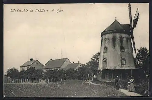 AK Gohlis / Elbe, Partie an der Windmühle