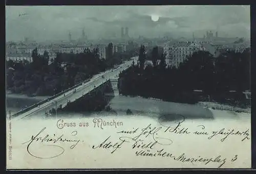 Mondschein-AK München, Stadtpanorama mit Maximilianbrücke