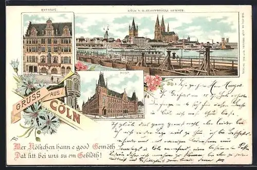 Lithographie Köln, Rathaus, Post, Ortsansicht von der Schiffbrücke gesehen