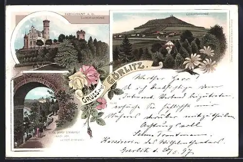 Lithographie Görlitz, Landeskrone, Restaurant a. d. Landeskrone, Blick durch d. Viaduct nach der Actien Brauerei, Rosen