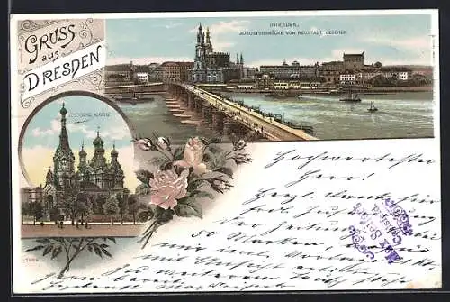 Lithographie Dresden, Russische Kirche, Augustusbrücke von Neustadt gesehen, Dampfer