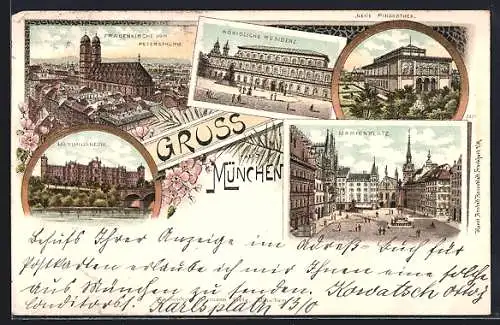 Lithographie München, Frauenkirche vom Petersturm, Königl. Residenz, Marienplatz